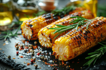 Wall Mural - Grilled corn on the cob with rosemary, spices, and coarse salt on a dark slate plate.