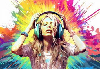 Wall Mural - Close-up portrait of a woman wearing headphones in watercolor style. Girle listening to music and singing. Enjoyment of life. Illustration for cover, postcard, interior design, decor, advertising, etc