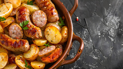 Wall Mural - Potatoes with sausages fried, a hearty high-calorie dinner