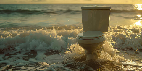 The toilet is standing in the sea with waves and splashes, creative bathroom air freshener concept sea breeze.