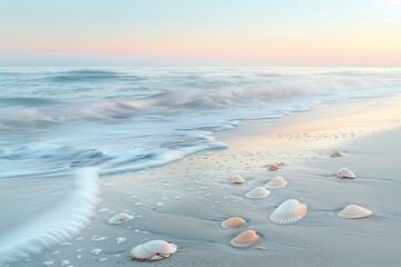 Wall Mural - : A pastel-colored beach at dawn, with gentle waves lapping at the shore and seashells scattered on the sand, under a gradient sky of pale blues and pinks.