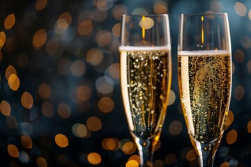 Wall Mural - Two glasses of champagne with glitter lights bokeh background