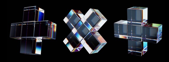 Aufkleber - Glass Crystal Plus Symbols Icon With Colorful Gradient Refraction Effect Isolated on Black Background. 3D Rendering Transparent Glass Illustration For Math Education or Hospital Design.