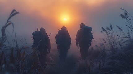 Wall Mural - huntergatherer band traversing a misty marshland at dawn photographed with silhouette techniques to evoke a sense of mystery