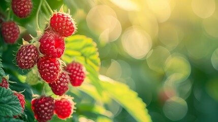 Poster - Close Up View of Ripe Raspberries on a Plant with Soft Green Background and Copy Space