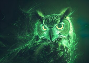 Wall Mural - dark green gradient colored background, Owl of green light and technological computational energy Owl look up , fluid lines, green tones, minimalism, dark green background