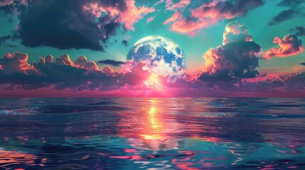 Wall Mural - Panorama view of the sea. Colorful sky with cloud and bright full moon on seascape to night Generative AI