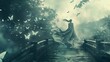 © Pter - A magical and dreamlike scene. A woman stands on a wooden bridge surrounded by many butterflies. The person is wearing a long flowing dress blowing in the wind and the back view is visible