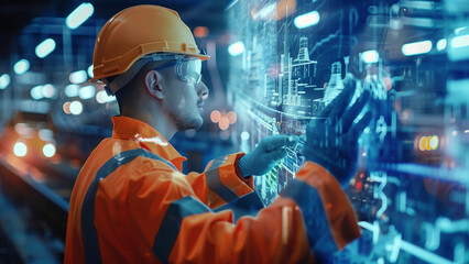 welder at work  in a hard hat and safety gear working on a computer screen in a server room with lights