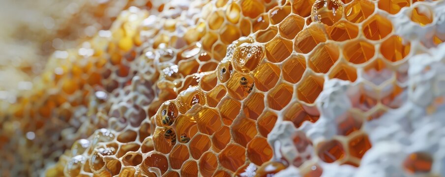 A close-up view shows several bees working on a honeycomb, surrounded by golden, glowing honey. 