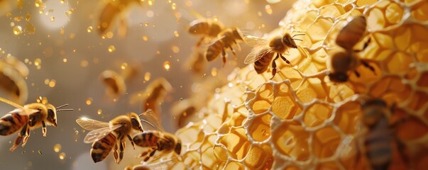 Wall Mural - A close-up view shows several bees working on a honeycomb, surrounded by golden, glowing honey. 