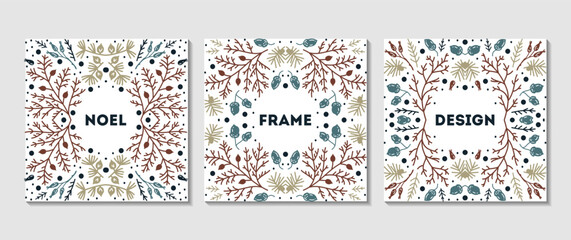 Wall Mural - Luxury Christmas frame set, abstract sketch winter floral design templates. Square, holly backgrounds with fir tree. Use for package, branding, decoration, banners