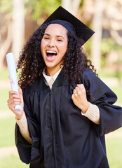 Wall Mural - Excited ,woman and portrait for success of graduation achievement, celebration and diploma award for studying education. Happy, student and university event for academic scroll for future career