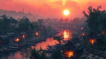 Canvas Print - panoramic view of a huntergatherer village at dawn captured with HDR photography to emphasize the warm hues of the rising sun