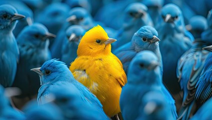 Unique Yellow Bird in Crowd of Blue Birds