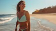 © Daria Lukoiko - Radiant Vacation Bliss: A slender, sun-kissed woman in a swimsuit strolls along the tranquil sea coast, girl smiles with the joy of her seaside holiday getaway. The relaxation, rejuvenating escape