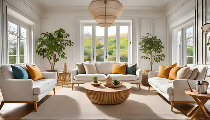 Wall Mural - White sofa and armchairs in scandinavian style home interior design of modern living room.