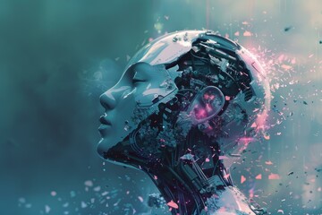 Poster - Digital artwork of a robot's head disintegrating, illustrating advanced ai and technology