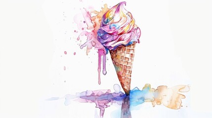 Wall Mural - Ice Cream Cone with Various Flavors Watercolor Illustration and Visible Dripping on White Background