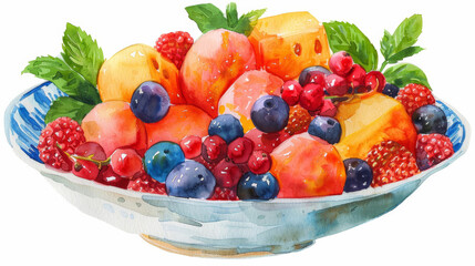 Wall Mural - Colorful Watercolor Painting of Fresh Fruit Salad with Melon, Berries, and Mint on a White Background