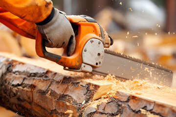 closeup of a chainsaw cutting through a tree log