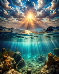 Poster - Sunlight Breaking Through Clouds Over a Mountain Lake