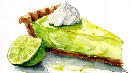 Wall Mural - Key Lime Pie Slice with Creamy Topping Watercolor Illustration on White Background