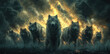 © 2D_Jungle - Lightning effect with a wolf pack in motion vintage tone background