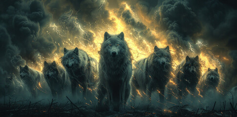 Lightning effect with a wolf pack in motion vintage tone background