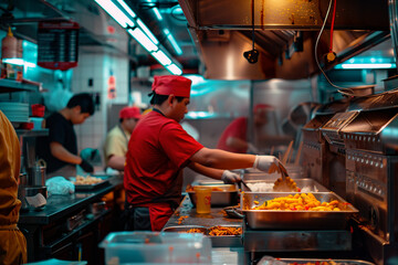 Workers in the kitchen of a fast food restaurant