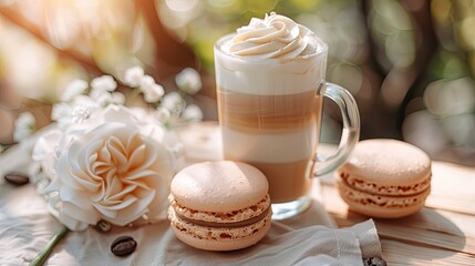 coffee and macaroons on the background of nature. Selective focus