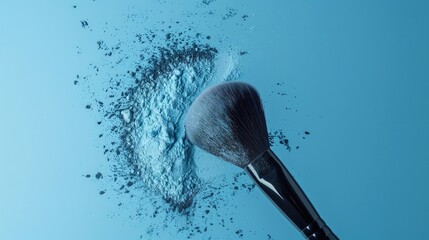 Wall Mural - Clouse-up of makeup brush and face powder on blue background. Generative Ai.