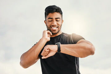 Poster - Man, fitness and check pulse with watch in outdoor for morning run, track heart rate or monitor performance. Exercise, break and hand of athlete with time for cardio workout, endurance or marathon