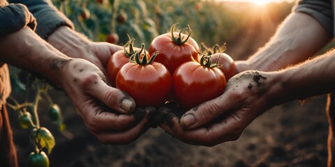 Wall Mural - Hands with tomatoes against field. Harvesting vegetables