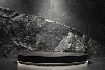 Wall Mural - A black stone pedestal with a light shining on it