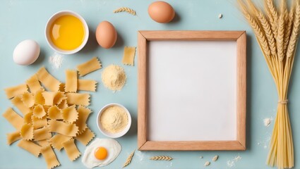 Wall Mural - Making pasta. Ingredients on table, frame shape. Flat lay, top view. Copy space