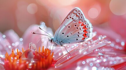 Wall Mural - colorful picture of a butterfly on a flower, dewdrops