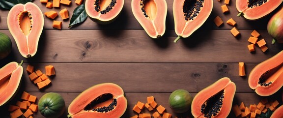Wall Mural - Cut papaya on wooden table. Healthy fruit. Top view copy space