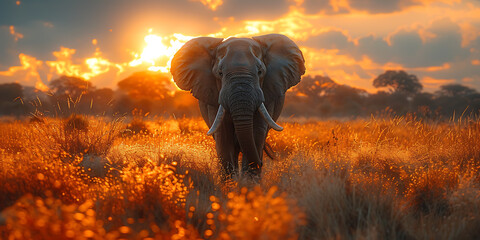 Wall Mural - Elephant in Savanna at Sunset