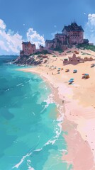Wall Mural - Captivating Coastal Castle Overlooking a Serene Sandy Beach with Turquoise Waters, Umbrellas, and Sunloungers under a Clear Blue Sky
