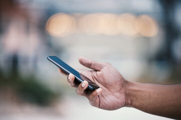Poster - Outdoor, hand and person with mobile phone to scroll, chat and browse online with internet. Bokeh, technology and connection with smartphone for social media, networking and text message to contact