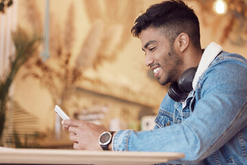 Poster - Phone, cafe and man typing with smile for social media, subscription notification from streaming platform. Male student, campus and mobile for communication with online network, happy for study app