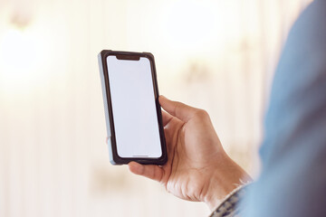 Aufkleber - Person, hands and smartphone blank and screen, mock up and male person with tech or mobile app. Browse, email and social media or online shopping, communication and text notification or news