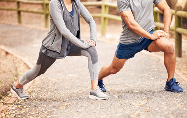 Canvas Print - Couple, stretching legs and start for exercise in outdoor, fitness and preparation for running. People, athletes and warm up for workout in park or nature, flexible and muscle relief for training