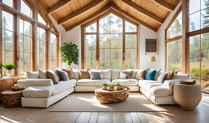 Wall Mural - White corner sofa in room with big panoramic windows and ceiling with beams. Farmhouse country boho interior design of modern living room, home.