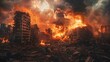© beldesigne - War and destroyed city with burning fire and smoke from earthquake, bomb blast. Modern abandoned city devastated by explosion and chaos. Concept of apocalypse. Judgement day, the end of the world