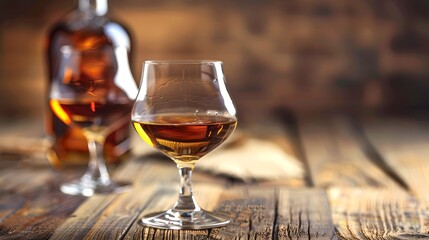 A close-up shot of a glass with whiskey on a rustic wooden table. The background is blurred, adding a touch of warmth to the scene. Perfect for bar or alcohol themed ads. AI