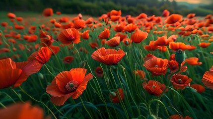 Canvas Print - Beautiful red poppy field in bloom. Vibrant flowers in a natural landscape setting. Perfect for nature and floral photography prints. .AI