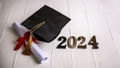 Wall Mural - Graduation Class of 2024 Banner with graduate hat and diploma; white background top view copy space