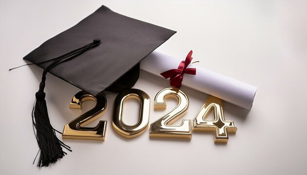 Graduation Class of 2024 Banner with graduate hat and diploma; white background top view copy space